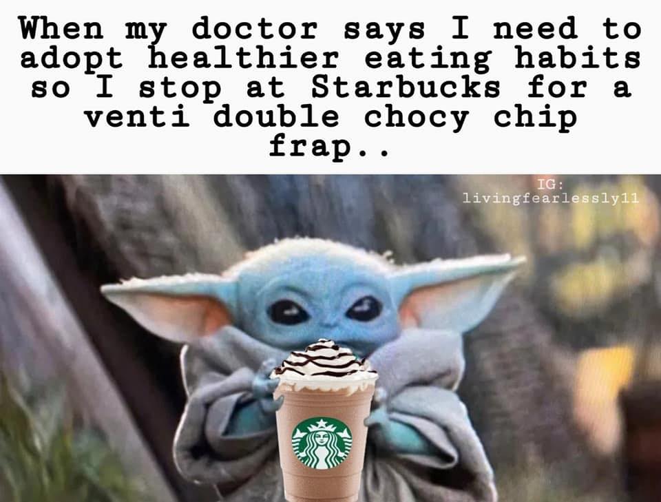 This meme is a humorous take on a popular food item. The image features a character from the Star Wars franchise, Grogu (also known as Baby Yoda), holding a Starbucks drink with a custom order that reads "In a galaxy far, far away... I'd like a Venti Iced Caramel Macchiato, but can you make it a Chai Tea Latte?" However, the actual order is "I'd like a Venti Iced Caramel Macchiato, but can you make it a Chai Tea Latte?".